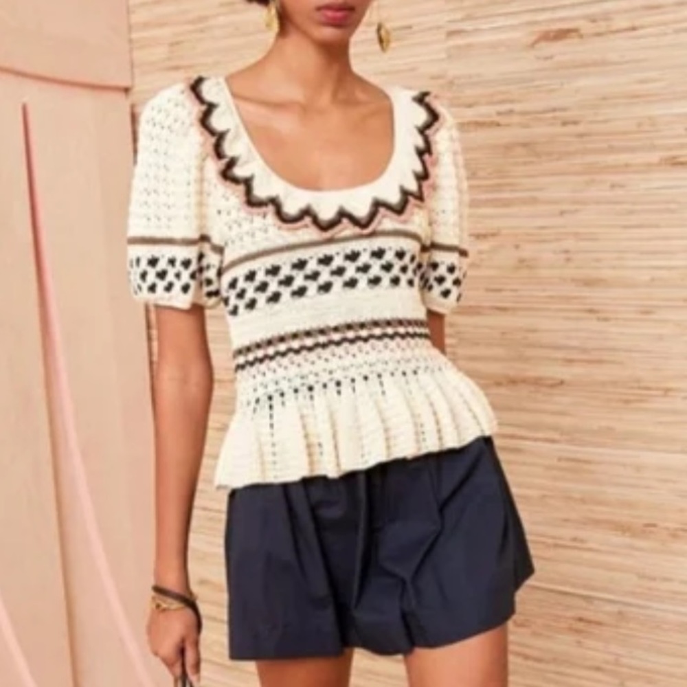 NWT Ulla JOHNSON Handmade Crochet The Flor Peplum Pullover Blouse in Ivory SZ: L